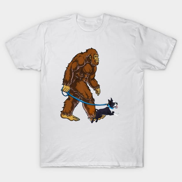 Funny Bigfoot Sasquatch Walking Boston Terrier T-Shirt by JameMalbie